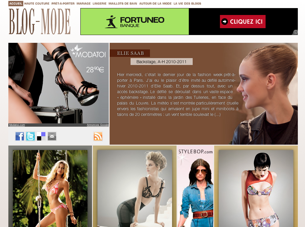L'image représente une interface de site web dédiée à la mode, avec un design élégant et moderne. Il y a une bannière en haut avec des logos de marques. Au centre, plusieurs articles sont mis en avant, incluant des créations de mode avec des photos de mannequins. On trouve des descriptions et des prix pour différents vêtements, ainsi qu'un lien pour explorer davantage de contenu. L'ensemble est lumineux et attire l'attention sur les tendances de la mode.
