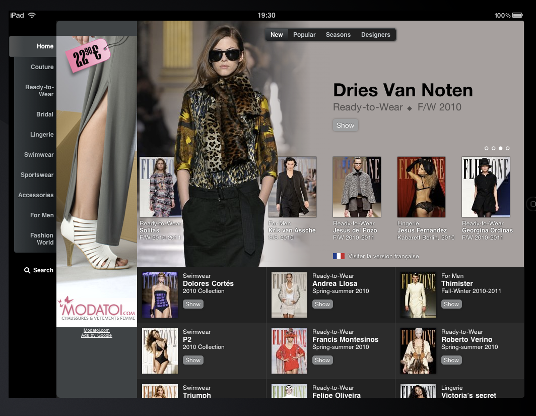 The image appears to be a digital interface displaying fashion collections. It features a prominent section dedicated to the designer Dries Van Noten and showcases pieces from the Ready-to-Wear Fall/Winter 2010 collection. There are various thumbnails of models wearing stylish outfits, along with their names and featured collections. The layout includes options for different categories like "New," "Popular," "Season," and "Designers," indicating it's part of a fashion app or website. Overall, the design is modern and visually appealing, highlighting various fashion styles and designers.