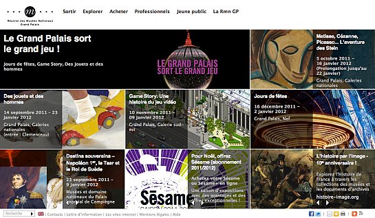 L'image présente une mise en page d'un site d'exposition au Grand Palais. Elle met en avant divers événements et expositions, avec un en-tête indiquant "Le Grand Palais sort le grand jeu !". On peut voir des images vignettes illustrant différentes activités, telles que des spectacles, des jeux et des expositions artistiques, avec des dates et des titres tels que "Des jouets et des hommes", "Game Story", et "L'histoire par l'image". La conception semble colorée et attrayante, invitant les visiteurs à explorer ces événements culturels.