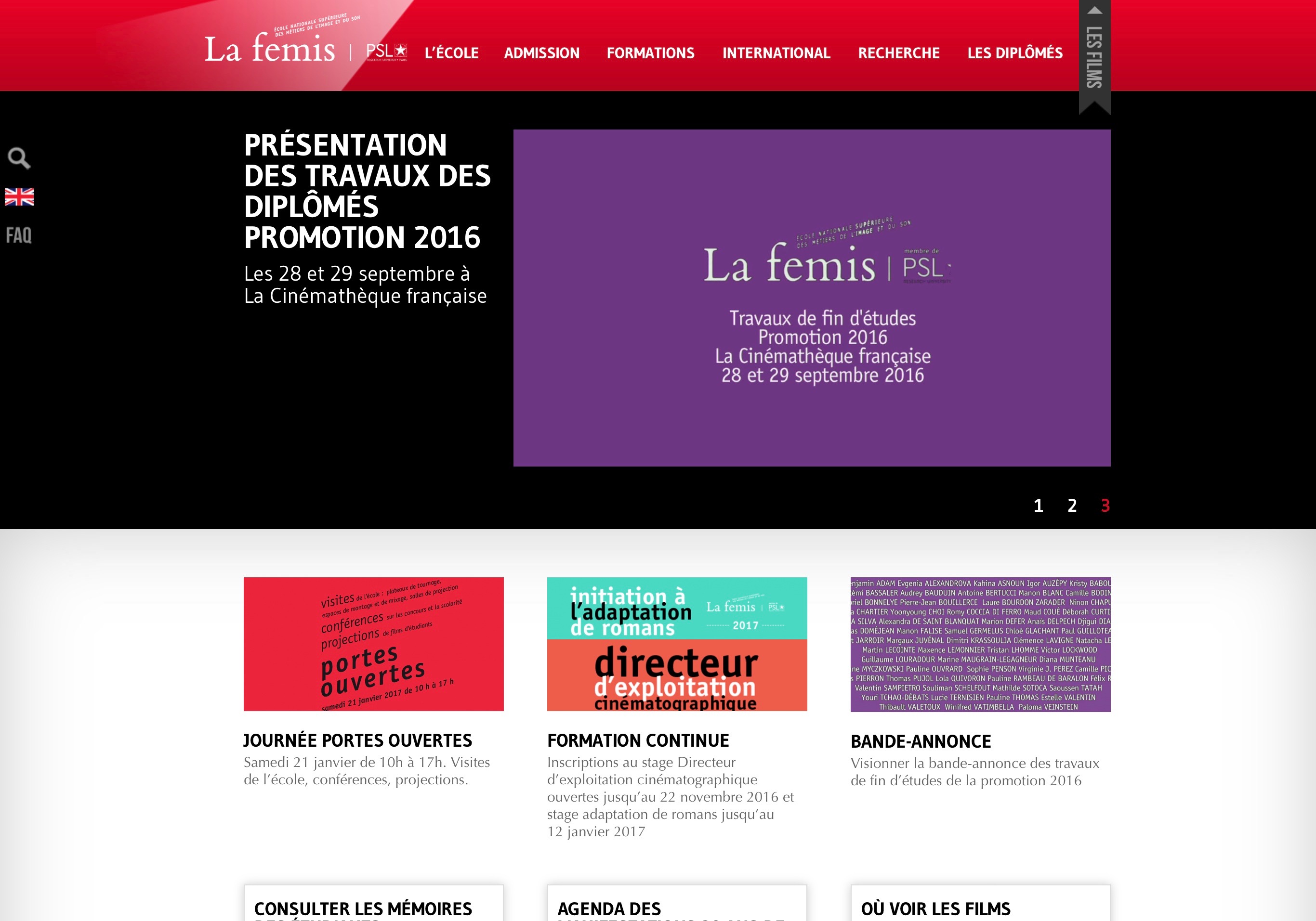 L'image semble représenter un site web consacré à une institution, probablement une école de cinéma. En haut, il y a une section dédiée à la présentation des travaux des diplômés de la promotion 2016, avec des dates et un lieu mentionnés. En dessous, plusieurs sections sont visibles, y compris des journées portes ouvertes, des formations continues et des bande-annonces. Les couleurs vives et la typographie moderne donnent un aspect dynamique au site.