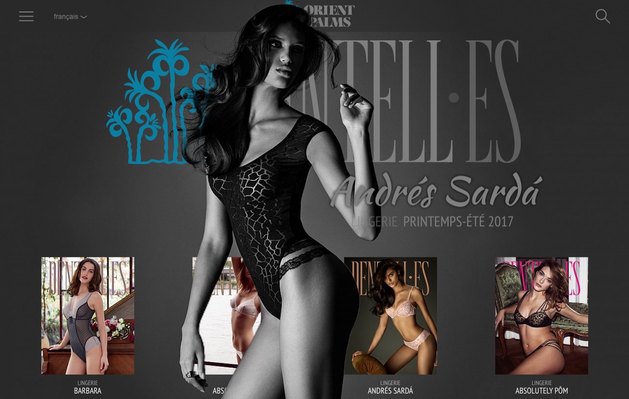 L'image présente une présentation de lingerie de la collection Printemps-Été 2017 d'Andrés Sardà. Au centre, on voit un modèle portant une lingerie élégante. En bas de l'image, il y a trois vignettes présentant d'autres modèles de lingerie, avec les noms « Barbara », « Absolu » et « Andrés Sardà ». Le design est chic et moderne, mettant en avant la mode lingerie. Le fond est sombre, ce qui fait ressortir les couleurs et les détails des pièces présentées.