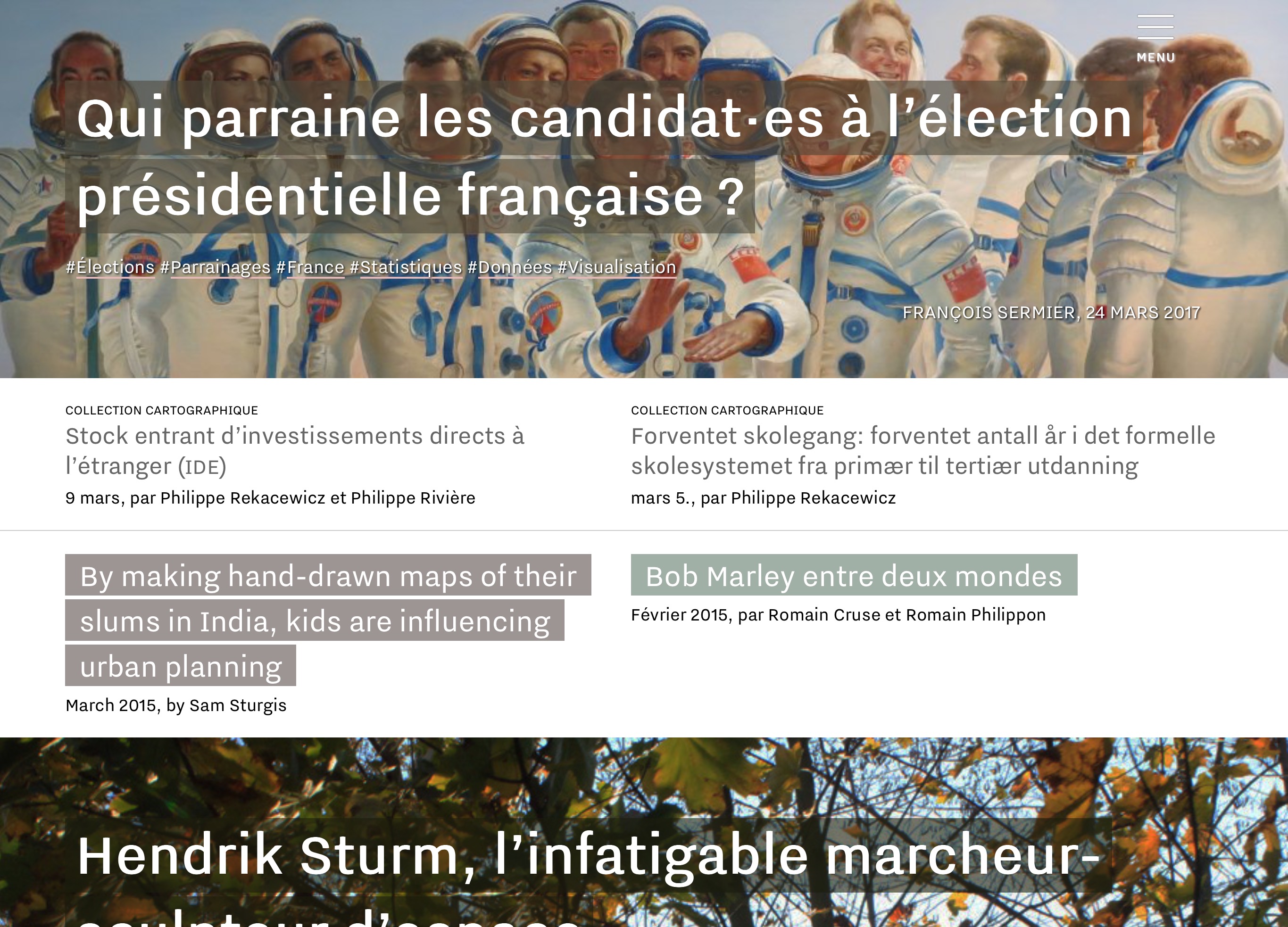 L'image semble contenir une mise en page de site web ou d'article. On y trouve des titres concernant des sujets variés, tels que le parrainage des candidats à l'élection présidentielle française, des articles sur des investissements à l'étranger, une référence à Bob Marley, et un autre sur un marcheur culturel. Les textes sont accompagnés de dates et des noms d'auteurs, indiquant un contexte informatif et analytique.