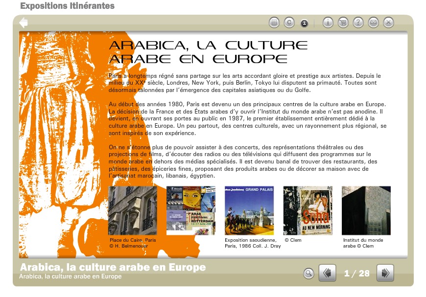L'image semble présenter un diaporama ou une exposition sur "Arabica, la culture arabe en Europe". Elle inclut des éléments visuels liés à cette thématique, probablement des œuvres d'art ou des photographies. On y voit diverses villes comme Paris et des références à des artistes ou des événements marquants. L'exposition semble explorer l'impact et la présence de la culture arabe en Europe depuis le XXe siècle. Les diapositives semblent contenir des informations sur les artistes et les contributions culturelles.