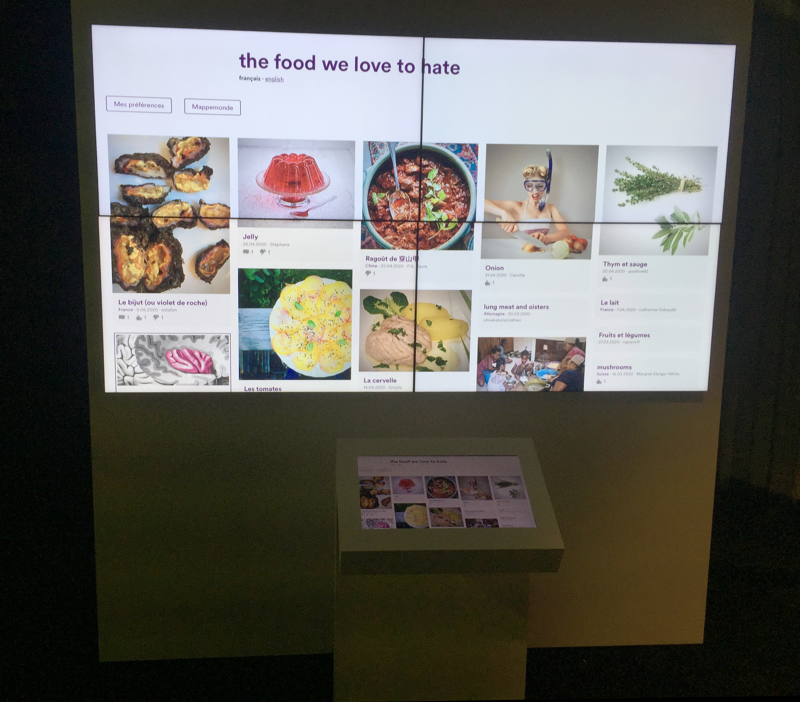 L'image montre un affichage numérique composé de plusieurs écrans côte à côte, présentant un collage de diverses images de plats alimentaires. Il y a des titres en anglais, notamment "the food we love to hate", suggérant un thème lié à la nourriture qui suscite des avis partagés. En bas, un écran ou une tablette affiche probablement des images supplémentaires ou des détails sur les plats présentés. L'ensemble donne une impression moderne et interactive, invitant à explorer les différents mets.