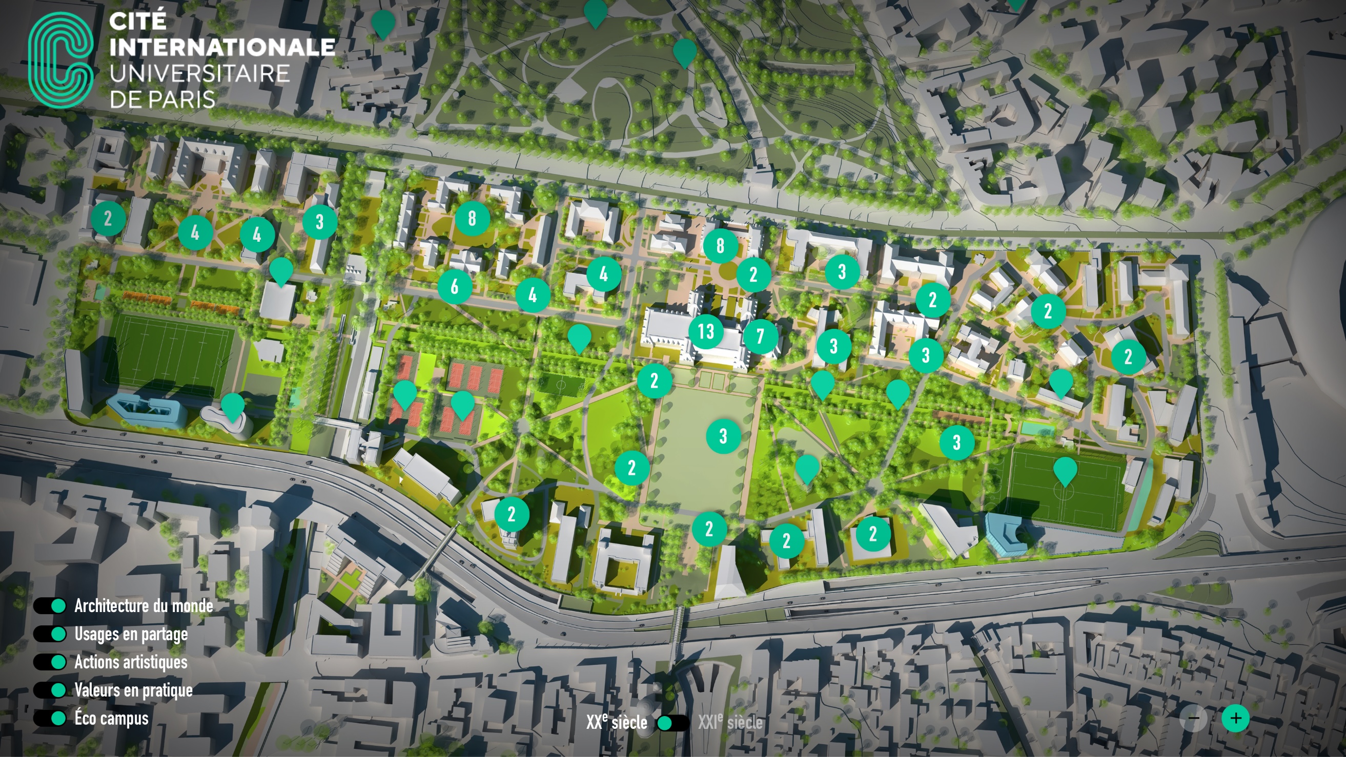 L'image représente un plan de la Cité internationale universitaire de Paris. On y voit une carte détaillée du site, indiquant différentes infrastructures et zones. Les bâtiments sont numérotés et entourés de verdure, avec des espaces de jardin et des installations artistiques visibles. Le plan est illustré de manière claire, permettant de localiser facilement les différents éléments, tels que les espaces de loisirs et les éco-campus.