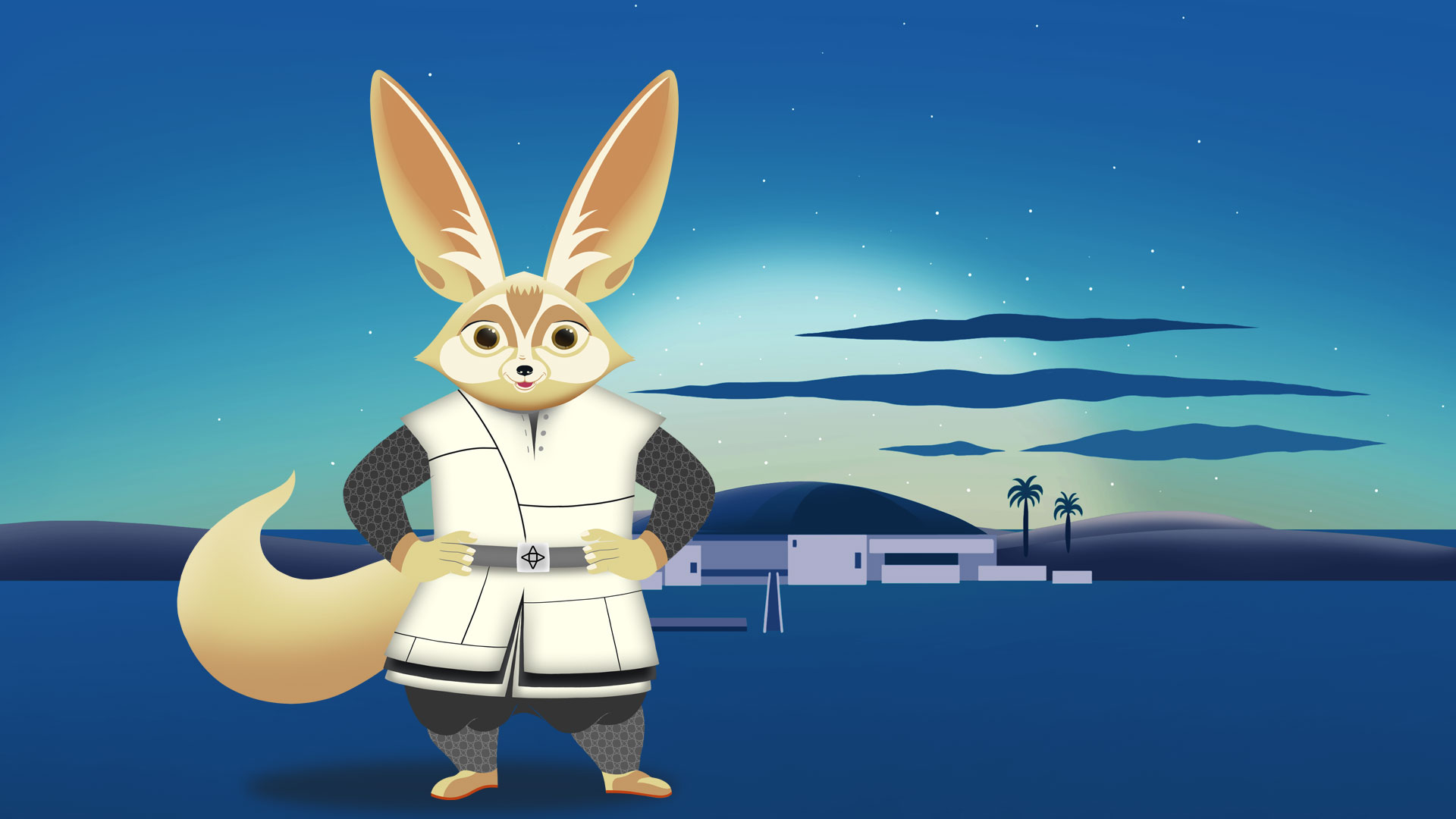 L'image présente un personnage animé au style cartoon. Ce personnage a de grandes oreilles de type renard et un pelage clair, avec un corps anthropomorphe vêtu d'un manteau blanc. En arrière-plan, on peut voir un paysage nocturne avec un ciel bleu parsemé d'étoiles, des collines douces, et une construction blanche, probablement une maison, ainsi que quelques palmiers. L'atmosphère générale semble à la fois paisible et enchanteresse.