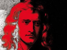 L'image montre un portrait stylisé d'un homme avec des cheveux longs et bouclés. Son visage est partiellement éclairé, tandis qu'une portion est sombre. Les couleurs rouge et noir dominent l'image, créant un contraste frappant. L'apparence générale est artistique et moderne, suggérant une interprétation contemporaine d'un personnage historique.