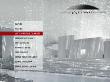 L'image semble représenter une interface de site web pour le Louvre Abu Dhabi. Il y a des éléments tels qu'un menu à gauche avec des options comme "Accueil", "Agenda", "Visite virtuelle du musée", et d'autres sections. L'arrière-plan montre une ambiance moderne et artistique, avec des bâtiments qui pourraient représenter le musée, le tout immergé dans une atmosphère lumineuse et dépouillée, évoquant une expérience visuelle immersive.
