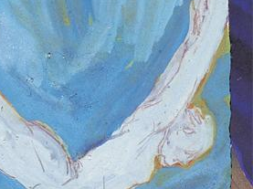 L'image présente une composition abstraite avec des tons de bleu dominant. On peut voir une figure humaine stylisée, probablement en position de plongée ou de chute, incorporée dans des formes et des couleurs qui évoquent un mouvement fluide. Les contours de la figure sont esquissés avec des traits fins, tandis que le fond présente des variations de couleurs qui créent une sensation de profondeur et de dynamisme. L'ensemble dégage une impression de liberté et d'évasion.