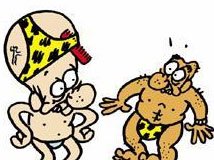 L'image présente deux personnages de style cartoon. Le premier personnage, qui est nu sauf pour une casquette, a un visage très expressif et semble surpris en se regardant. Le deuxième personnage, également en maillot de bain, est un peu plus rond et semble s'adresser au premier avec une attitude décontractée. Les deux personnages sont basés sur un style humoristique, avec des détails exagérés et des expressions comiques.