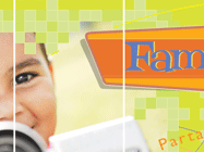 L'image montre un jeune enfant souriant, tenant un appareil photo. L'arrière-plan est coloré avec des motifs de carrés et des lignes dynamiques, ce qui lui donne un aspect joyeux et vivant. Le mot "Famille" est écrit en grand, indiquant peut-être un thème lié à la photographie familiale ou à des moments partagés. Le mot "Partage" souligne l'idée de capturer des souvenirs ensemble.