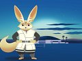 L'image présente un personnage animé au style cartoon. Ce personnage a de grandes oreilles de type renard et un pelage clair, avec un corps anthropomorphe vêtu d'un manteau blanc. En arrière-plan, on peut voir un paysage nocturne avec un ciel bleu parsemé d'étoiles, des collines douces, et une construction blanche, probablement une maison, ainsi que quelques palmiers. L'atmosphère générale semble à la fois paisible et enchanteresse.