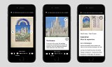 L'image montre trois écrans de smartphone affichant une application dédiée à un manuscrit ancien. Chaque écran présente une page différente d'un livre numérique. On peut voir des illustrations colorées, comme des châteaux et des paysages, accompagnées de texte. Un des écrans mentionne des sections telles que "Les cuisines" et "Calendrier". La présentation suggère un projet de numérisation et d'interaction avec des documents historiques, permettant d'explorer le contenu d'une manière moderne.
