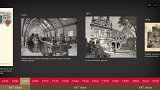 L'image présente une frise chronologique illustrée des événements ou des œuvres marquantes liés à des années spécifiques. - À gauche, une image de 1890 montre des visiteurs dans une salle d'éducation, probablement une exposition ou une foire, dessinée par Alphonse Mucha. - À droite, une illustration de 1895 représente une cour honneur avec un style architectural élaboré. - En bas, des dates sont indiquées, soulignant les siècles XIX et XX, avec des repères chronologiques pour situer les illustrations. Les éléments visuels et les dates semblent faire partie d'une exposition sur l'histoire ou l'art.