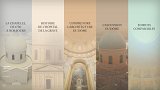 L'image présente une interface visuelle divisée en plusieurs sections. Chaque section contient un titre en français : 1. **La chapelle, de 1750 à nos jours** - probablement une discussion sur l'histoire de la chapelle. 2. **Histoire de l'hôpital de la Grave** - semble se concentrer sur le passé de cet établissement. 3. **Comprendre l'architecture du dôme** - une analyse des caractéristiques architecturales d'un dôme. 4. **L'ascension du dôme** - pourrait traiter de l'élévation ou de la construction du dôme. 5. **Édifices comparables** - présente probablement des structures similaires à analyser. L'ensemble donne l'impression d'un contenu informatif sur l'architecture et l'histoire d'un lieu, potentiellement lié à un musée ou à une exposition. Les couleurs utilisées sont douces, créant une ambiance apaisante.