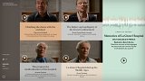 L'image montre une interface numérique avec plusieurs sections vidéo. Chaque section présente un témoignage sur l'histoire de l'hôpital de La Grave. On y voit des têtes parlantes de différents intervenants qui discutent de divers thèmes tels que : 1. **L'escalade du dôme avec l'architecte** - Un sujet lié à la chapelle de l'hôpital. 2. **L'échec et l'ambiguïté du Grand Enfermement** - Une discussion historique sur cette période. 3. **La médicalisation progressive de l'hôpital** - Un témoignage sur l'évolution des soins. 4. **L'hôpital de La Grave au Moyen Âge** - Exploration de son histoire médiévale. À droite, un encadré mentionne que ces vidéos sont uniquement disponibles en français, avec la réalisation par Benoît Bories et une mention d'un médecin de l'hôpital. L'ensemble donne une impression de richesse historique et de reconnaissance du patrimoine.