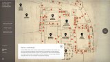 L'image présente un plan d'un établissement, probablement historique, daté autour de 1800. On y voit différentes zones marquées, comme des "magasins", des "ateliers", un "asile psychiatrique", un "prison", et d'autres quartiers tels que des zones réservées aux femmes et aux hommes. Des lignes relient ces espaces, indiquant la configuration et l'organisation du lieu. Un point bleu semble désigner un emplacement spécifique sur le plan. Ce document évoque un contexte lié au "Great Confinement", une période durant laquelle des institutions ont été établies pour la gestion des malades et des personnes considérées comme indésirables.