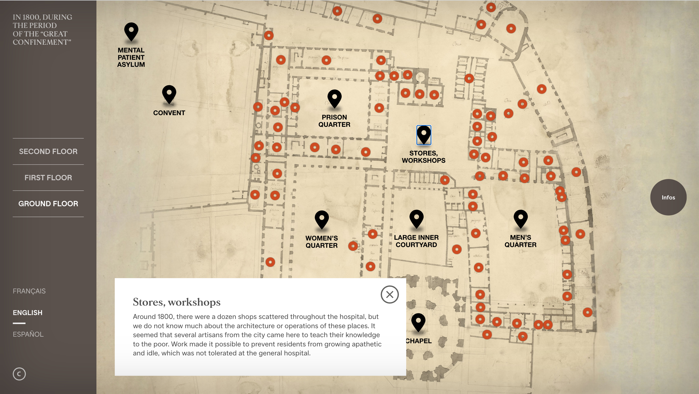 L'image présente un plan d'un établissement, probablement historique, daté autour de 1800. On y voit différentes zones marquées, comme des "magasins", des "ateliers", un "asile psychiatrique", un "prison", et d'autres quartiers tels que des zones réservées aux femmes et aux hommes. Des lignes relient ces espaces, indiquant la configuration et l'organisation du lieu. Un point bleu semble désigner un emplacement spécifique sur le plan. Ce document évoque un contexte lié au "Great Confinement", une période durant laquelle des institutions ont été établies pour la gestion des malades et des personnes considérées comme indésirables.