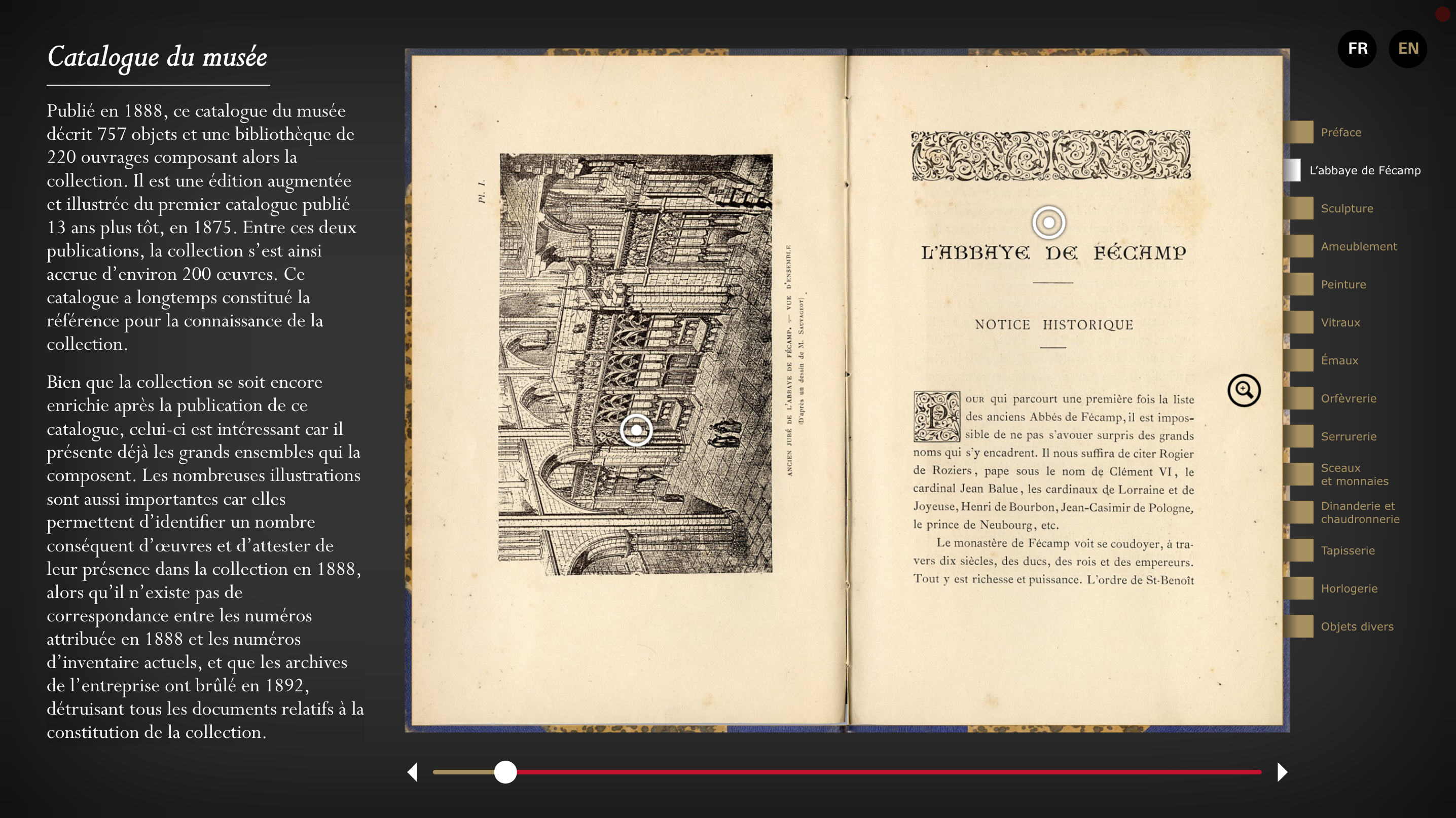 L'image montre un catalogue de musée publié en 1888, comportant une double page. À gauche, il y a une illustration d'une abbaye ou d'une construction historique, tandis qu'à droite, du texte qui semble donner des informations historiques. Le titre "L'abbaye de Réchamp" est mentionné, suggérant que le document pourrait être lié à l'histoire ou à la description de cette abbaye. Le catalogue semble également offrir des détails sur une collection de musiques et de bibliographies associées.