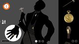 L'image présente une silhouette d'homme en costume, tenant un objet dans une main et un autre dans l'autre. À gauche, on voit un gros plan d'une main tenant une bague, tandis qu'à droite se trouvent plusieurs objets, dont une épée, un pendentif et un accessoire orné d'une figure féminine. L'arrière-plan est sombre, ce qui met en valeur la silhouette et les objets présentés. Des éléments de navigation sont visibles en bas de l'écran, indiquant les langues disponibles.