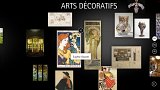 L'image présente un collage d'œuvres d'arts décoratifs. Au centre, on peut voir une affiche signée par Eugène Grasset, mettant en avant un motif floral et un personnage féminin. Autour, il y a diverses illustrations et objets décoratifs, incluant des vases, des dessins et des affiches, tous dans un style artistique distinctif qui évoque la beauté et l'élégance des arts décoratifs. Les couleurs et les motifs variés ajoutent une touche esthétique à l'ensemble.