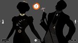 L'image présente deux silhouettes élégantes, une femme et un homme, avec des détails raffinés. La silhouette féminine porte un collier ornée, ainsi qu'une ceinture décorée, tandis que des oiseaux stylisés s'envolent de son vêtement. L'homme, de son côté, est vêtu d'un costume sombre et tient un accessoire, peut-être une canne ou un bâton. Les deux silhouettes sont mises en valeur sur un fond gris, et un indicateur en haut montre un score de 9 sur 11. En bas, il y a des options pour changer la langue du texte (FR, EN, DE) et un bouton pour recommencer.