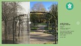 L'image présente une comparaison entre deux photos d'un même jardin. À gauche, une photo ancienne en noir et blanc montre le jardin dans un état inondé, probablement avec des arbres et des arches recouvertes de plantes grimpantes. À droite, une photo récente en couleur montre le même jardin, mais cette fois, il est sec et bien entretenu. On peut voir des allées bien définies, des parterres de fleurs et un ciel ensoleillé. En bas de l'image, on trouve des informations sur l'auteur et la date de la prise de vue.