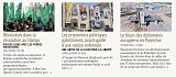 L'image présente trois articles d'actualité en lien avec la situation en Palestine. 1. Le premier article discute des évolutions au sein du Hamas, en mentionnant un tournant dans l'organisation depuis 2017, avec une référence à la révolution du mouvement. 2. Le deuxième article aborde la question des prisonniers politiques palestiniens, mettant en avant une grève de la faim pour la liberté, soulignant le nombre de prisonniers concernés. 3. Le troisième article traite des diplomates européens engagés sur la question palestinienne, évoquant les tensions et les défis dans la relation entre l'Europe et la région, ainsi que des événements récents à Jéricho. L'ensemble de l'image reflète des problématiques politiques actuelles en Palestine, illustrant des tensions à la fois internes et externes.
