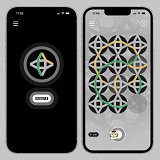 L'image montre deux écrans d'une application mobile. À gauche, le premier écran présente un interface minimaliste avec un bouton "CONTINUER" au centre, sur un fond sombre. À droite, le second écran affiche un motif complexe de cercles et de lignes colorées, présentant un graphique de jeu ou un puzzle. En bas à droite, il y a un bouton "À AIDE". L'ensemble a un design moderne et épuré.