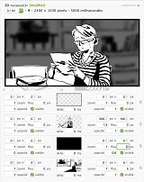 L'image présente une femme assise, semblant lire un document ou une lettre. Elle porte des lunettes et elle est entourée d'un décor en noir et blanc, ce qui lui donne un aspect de bande dessinée ou de dessin animé. Son expression semble concentrée, suggérant qu'elle est absorbée par ce qu'elle lit. L'arrière-plan est flou, mettant en avant la femme et le papier qu'elle tient.
