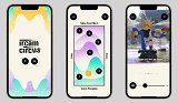 L'image montre un collage d'écrans d'une application mobile intitulée "IRCAM Circus". Le premier écran présente le nom de l'application avec un fond beige et des éléments graphiques colorés. Le deuxième écran affiche une interface d'interaction, avec des numéros et plusieurs points, ainsi qu'une indication de localisation à "Église Saint-Merri" et "Centre Pompidou". Le troisième écran montre un dragon coloré en sculpture, probablement placé dans une fontaine, avec une légende mentionnant "Le dragon qui était un oiseau". Le design semble moderne et artistique, avec des éléments visuels qui évoquent la créativité et l'interaction culturelle.