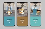 L'image montre trois écrans de smartphone affichant une application de réalité augmentée. Chaque écran présente un niveau différent : 1. **Niveau 1** - École de mouvement : On y voit un personnage animé qui semble interagir avec une sculpture. 2. **Niveau 2** - École de l'espace : Cet écran montre une autre sculpture avec le même personnage qui continue son exploration. 3. **Niveau 3** - École de l'harmonie : Ici, le personnage est toujours présent, interagissant avec une nouvelle œuvre artistique. Chaque écran utilise des couleurs distinctes et affiche des sculptures dans une ambiance de musée.