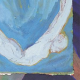 L'image présente une composition abstraite avec des tons de bleu dominant. On peut voir une figure humaine stylisée, probablement en position de plongée ou de chute, incorporée dans des formes et des couleurs qui évoquent un mouvement fluide. Les contours de la figure sont esquissés avec des traits fins, tandis que le fond présente des variations de couleurs qui créent une sensation de profondeur et de dynamisme. L'ensemble dégage une impression de liberté et d'évasion.