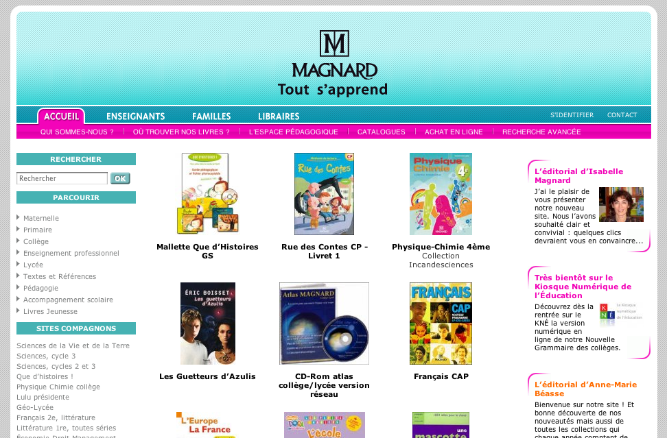 L'image montre la page d'accueil du site web de l'éditeur Magnard. On y trouve un en-tête avec le logo de Magnard, suivi de différentes sections comprenant des liens pour les enseignants, les familles et les bibliothèques. Des vignettes illustrant divers livres et ressources pédagogiques sont présentées, notamment des manuels scolaires pour les matières comme l'histoire, la physique-chimie, et le français. Il y a aussi un espace pour rechercher des livres et des informations supplémentaires sur la maison d'édition.