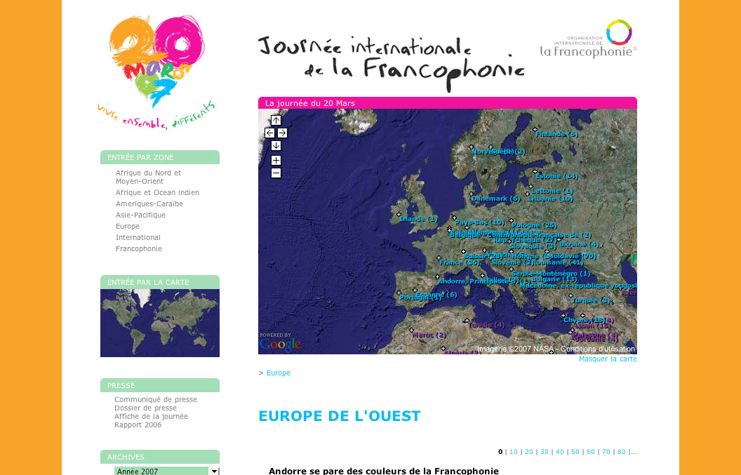 L'image représente un site web consacré à la Journée internationale de la Francophonie, célébrée le 20 mars. Le design coloré comprend une carte de l'Europe de l'Ouest, mettant en évidence divers pays et régions où le français est parlé. Des icônes ou des marqueurs peuvent indiquer des événements ou des activités liés à cette célébration de la langue française et de la culture francophone. Le tout est encadré par un fond orange vif et des éléments graphiques évoquant la diversité et l'unité du monde francophone.