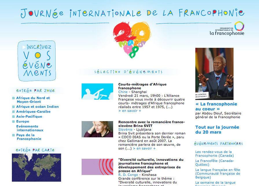 L'image semble être un flyer ou une affiche pour la Journée internationale de la Francophonie. Elle présente un titre coloré "Journée internationale de la Francophonie" avec des éléments visuels représentant l'événement. On y trouve des informations pour inscrire des événements, ainsi qu'une sélection d'activités, comme des courts-métrages d'Afrique francophone, une rencontre avec un auteur, et des initiatives de développement durable. Le tout est accompagné de couleurs vives et d'un design attrayant, reflétant l'esprit festif et culturel de cette journée.