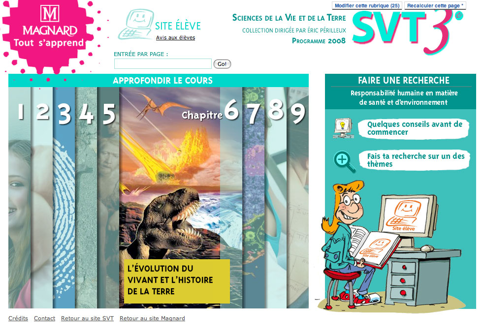 L'image semble être une interface d'un site éducatif lié aux sciences de la vie et de la Terre. On y voit un design coloré avec des sections numérotées, indiquant différents chapitres ou unités d'apprentissage. Le chapitre en question aborde "L'évolution du vivant et l'histoire de la Terre". À gauche, il y a probablement une illustration d'un paysage naturel avec des éléments de faune et de flore. On aperçoit également un personnage, qui pourrait être un enseignant, interagissant avec le contenu du site. Le tout est structuré de manière à encourager les utilisateurs à explorer et à approfondir leurs connaissances.