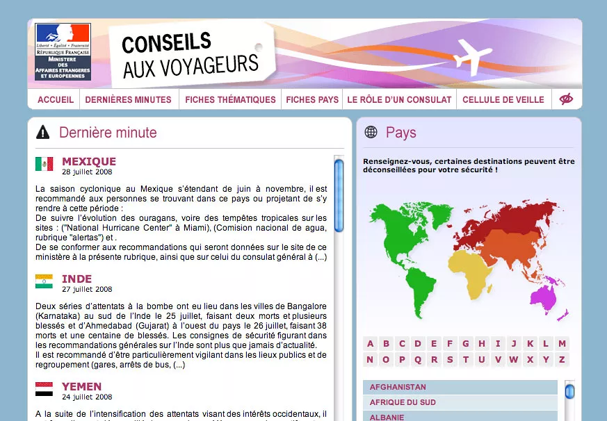 L'image représente une page d'information destinée aux voyageurs, probablement d'un site gouvernemental ou d'une agence de voyages. Elle contient des conseils de voyage concernant plusieurs pays, avec des alertes sur la sécurité et des recommandations. On peut y voir des titres pour le Mexique, l'Inde, et le Yémen, avec des dates spécifiques et des informations sur des événements récents ou des situations à risque. Un plan du monde est également présent, indiquant les pays mentionnés. Les sections comme "Accueil", "Conseils aux voyageurs", et "Cellule de veille" suggèrent que le site fournit des ressources utiles pour les voyageurs qui cherchent à se renseigner sur la sécurité et les conditions dans différents pays.