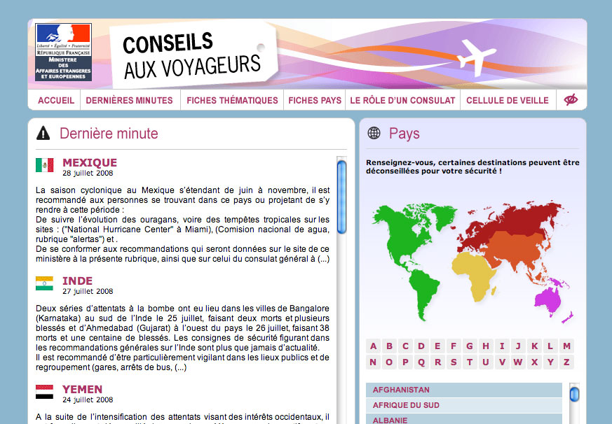 L'image représente une page d'information destinée aux voyageurs, probablement d'un site gouvernemental ou d'une agence de voyages. Elle contient des conseils de voyage concernant plusieurs pays, avec des alertes sur la sécurité et des recommandations. On peut y voir des titres pour le Mexique, l'Inde, et le Yémen, avec des dates spécifiques et des informations sur des événements récents ou des situations à risque. Un plan du monde est également présent, indiquant les pays mentionnés. Les sections comme "Accueil", "Conseils aux voyageurs", et "Cellule de veille" suggèrent que le site fournit des ressources utiles pour les voyageurs qui cherchent à se renseigner sur la sécurité et les conditions dans différents pays.