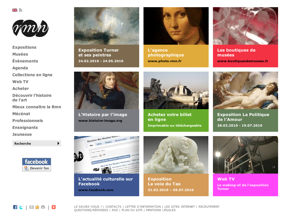L'image est une capture d'écran d'un site web dédié à des expositions et des événements culturels. On y trouve plusieurs sections, dont des expositions passées et à venir, ainsi que des liens vers des musées et des boutiques. Il y a également des éléments visuels variés tels que des œuvres d'art célèbres, illustrant la diversité des événements proposés. Des informations sur l'agence photographique, des billets d'entrée et des actualités culturelles sont aussi présentes. L'ensemble est conçu de manière attrayante avec un agencement de couleurs et d'images qui mettent en avant le monde de l'art.