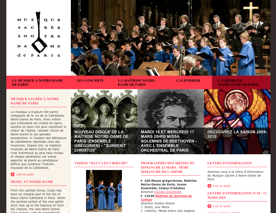 L'image semble être un site web dédié à la musique sacrée à Notre-Dame de Paris. On y trouve des sections sur les concerts, un calendrier, et des informations sur la Maîtrise de Notre-Dame et la cathédrale. Il y a probablement des photos de choristes et d'événements musicaux. Le design inclut une croix et un style sobre en lien avec l'ambiance religieuse et culturelle de l'endroit.