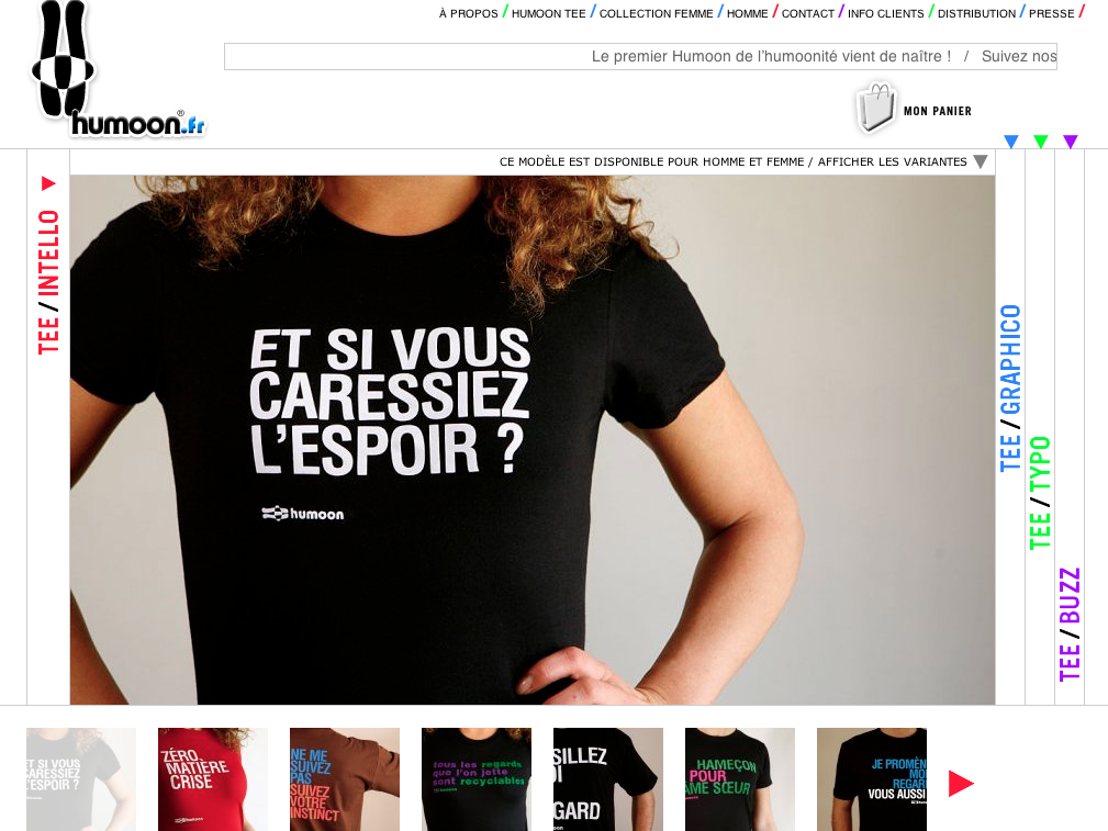 L'image présente une page web d'un site de vêtements, spécifiquement pour des t-shirts. Au centre, une personne porte un t-shirt noir sur lequel est écrit en blanc : "ET SI VOUS CARESSIEZ L'ESPOIR ?". En dessous de la personne, plusieurs modèles de t-shirts sont visibles, affichant divers designs et slogans. La mise en page est colorée et attrayante, avec des options de navigation en haut et une barre de menu sur le côté.