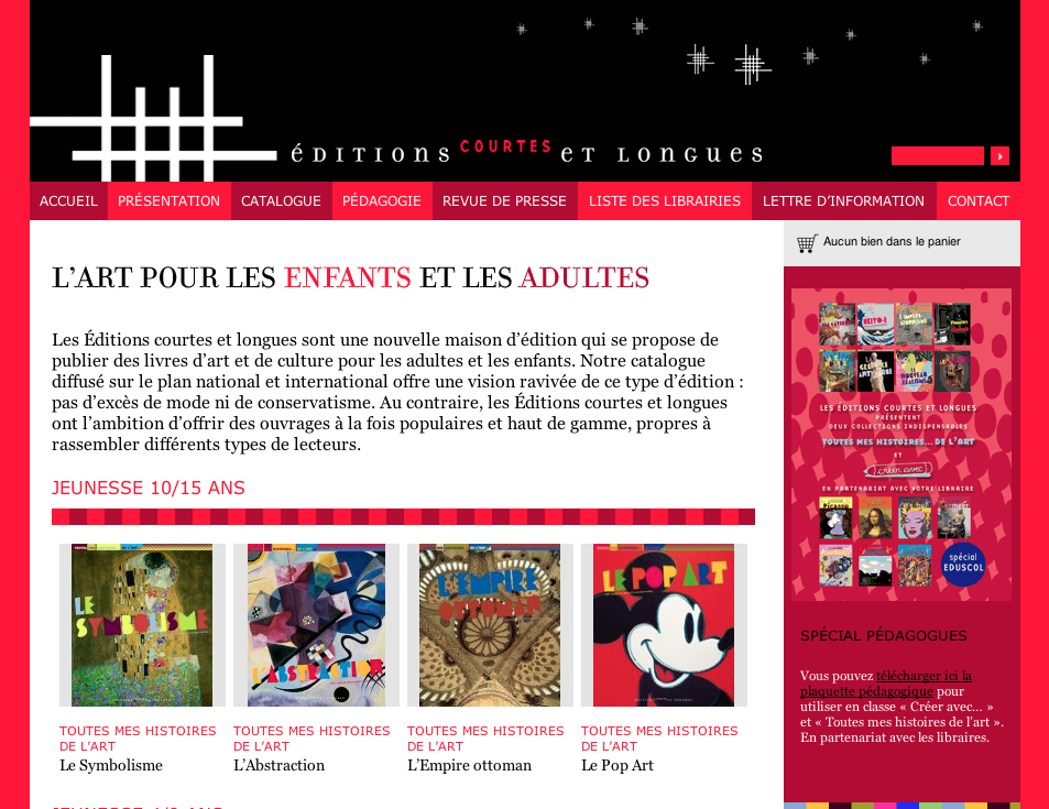 L'image semble être une capture d'écran d'un site internet dédié aux éditions de livres pour enfants et adultes. En haut, il y a le titre "Éditions courtes et longues" avec un design moderne. Le site propose des livres d'art et de culture, avec un accent sur l'éducation. Un section mentionne "L'art pour les enfants et les adultes", indiquant des publications adaptées à différents groupes d'âge. En bas, des vignettes de couvertures de livres sont visibles, suggérant une variété de titres abordant des histoires d'art et des mouvements artistiques. Le design est coloré et attrayant, visant à capter l'attention des visiteurs.