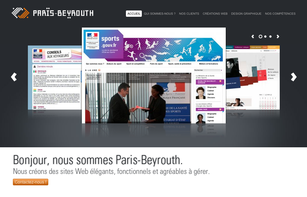 L'image présente une page d'accueil d'un site Web intitulé "Paris-Beyrouth". Elle met en avant des services de création de sites Web élégants et fonctionnels. On y trouve des sections mentionnées comme "Accueil", "Nos clients", "Créations Web", "Design graphique" et "Nos compétences". La présentation inclut également des aperçus de différents sites en rapport avec le sport, mettant en valeur une approche moderne et dynamique du design Web. Un message de bienvenue indique que l'entreprise est dédiée à la création de sites Internet agréables à gérer.