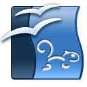 L'image représente un logo stylisé avec une silhouette de rivière ou de flots en bleu, accompagnée de deux oiseaux en vol et d'un petit animal ressemblant à un écureuil au fond, également dans des tons bleus. La composition évoque une atmosphère naturelle et calme.