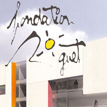 L'image semble présenter un logo ou un design lié à une fondation. On y voit le mot "fondation" écrit dans un style artistique, accompagné d'un dessin simplifié d'un soleil. Le fond est moderne, avec des éléments architecturaux aux formes géométriques et des couleurs neutres, évoquant peut-être un espace convivial ou culturel. Le design suggère une approche contemporaine et accueillante.