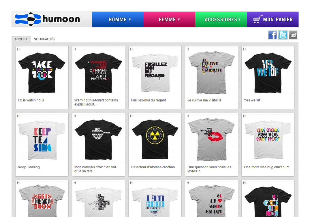 L'image présente une grille de t-shirts avec divers designs et slogans. Chaque t-shirt affiche des phrases audacieuses et des jeux de mots, jouant sur des thèmes humoristiques ou provocateurs. Les couleurs et les styles varient, créant un aspect dynamique et attrayant. La mise en page est organisée, permettant de visualiser facilement les différentes options. On peut également voir des sections pour la navigation et le panier d'achats en haut de la page.