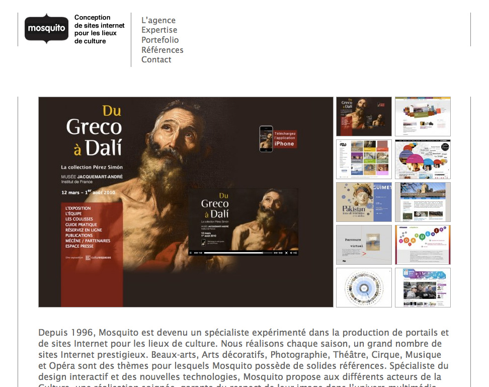 L'image présente un design de site internet pour Mosquito, une agence spécialisée dans la création de sites pour le secteur culturel. On peut y apercevoir un visuel avec une œuvre d'art célèbre, ainsi que des sections dédiées à l'expertise, au portfolio et aux références de l'agence. Le texte explique que Mosquito, fondé en 1996, s'est spécialisé dans la production de portails et de sites web pour des institutions culturelles. Le tout est présenté de manière attrayante et professionnelle, mettant en avant leur savoir-faire dans le domaine.