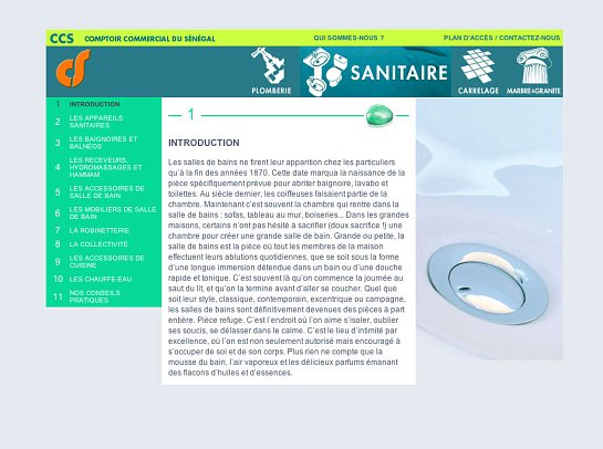 L'image semble présenter une page d'un document, probablement un brochure ou un catalogue, consacrée à des équipements sanitaires et de plomberie. Il y a des sections illustrées ou titrées telles que "Introduction", "Les appareils sanitaires", "Les baignoires et balnéo", ainsi que des informations sur des accessoires de salle de bain. Le design inclut peut-être des images ou des graphiques pour présenter ces éléments de manière attrayante. Des couleurs peuvent être utilisées pour distinguer les différentes parties du texte et des sections.