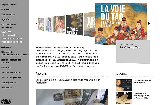 L'image semble être une capture d'écran d'un site web lié à une institution culturelle, probablement un musée ou une galerie d'art. On y trouve des sections pour les expositions, les événements et les collections, ainsi que des liens vers des vidéos et des informations sur des métiers artistiques. Le titre "La Voie du Tao" est mentionné, ce qui suggère qu'il pourrait s'agir d'une exposition ou d'un sujet explorant des thèmes artistiques et philosophiques. Des éléments visuels variés, comme des œuvres d'art et des illustrations, semblent également être présents pour attirer l'attention des visiteurs.